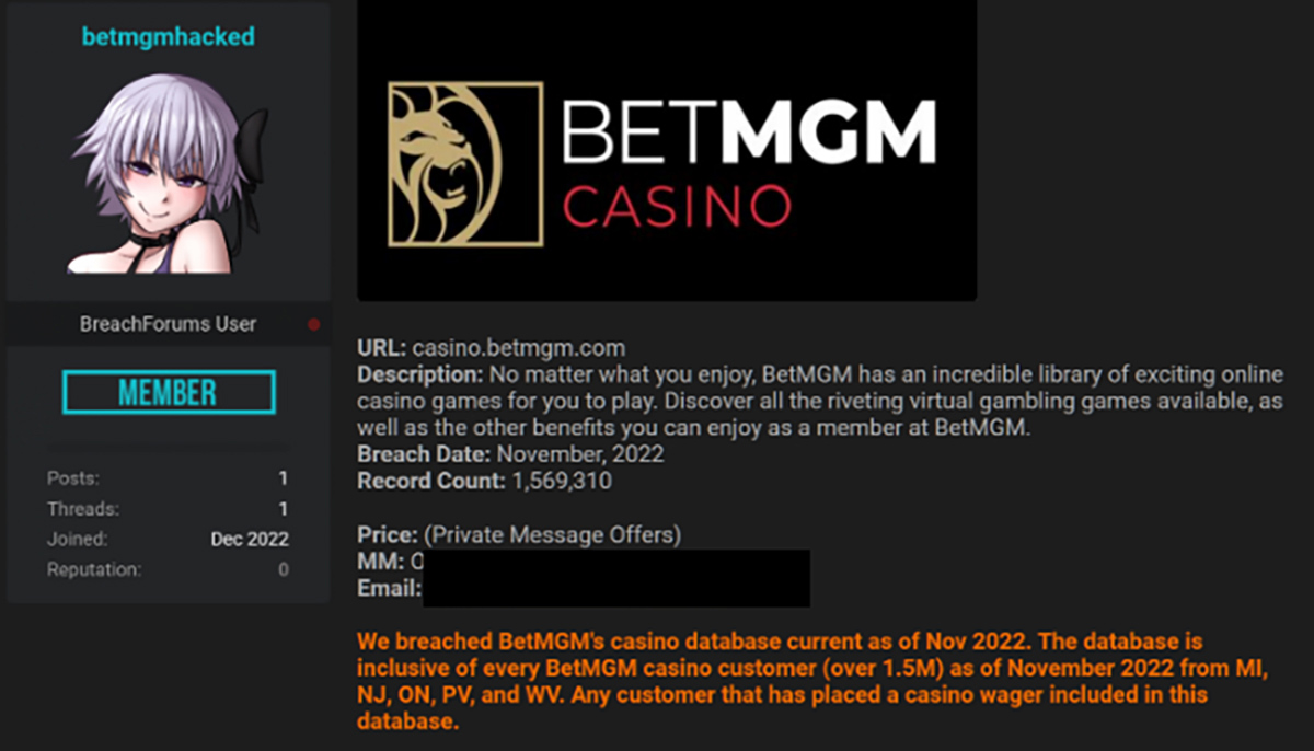 Threat actor advertising BetMGM’s database for sale on a dark web forum