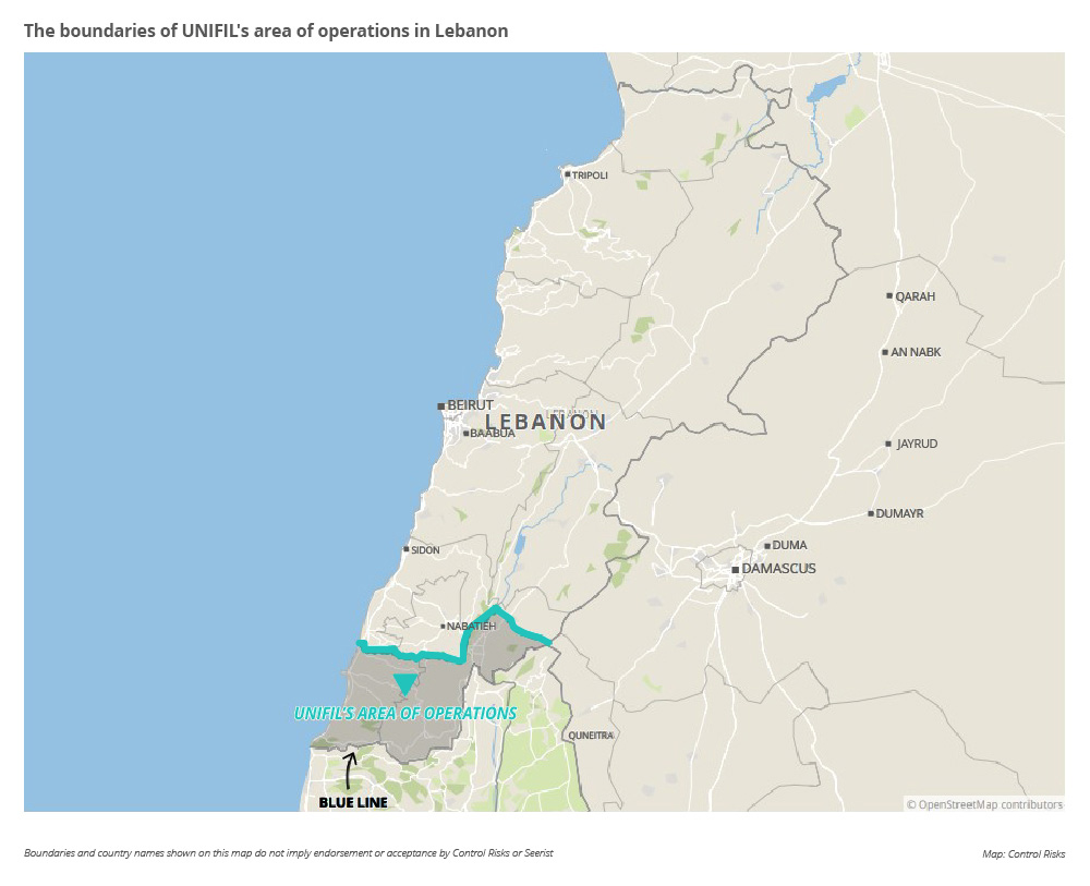 The boundaries of UNIFIL’s area of operations in Lebanon