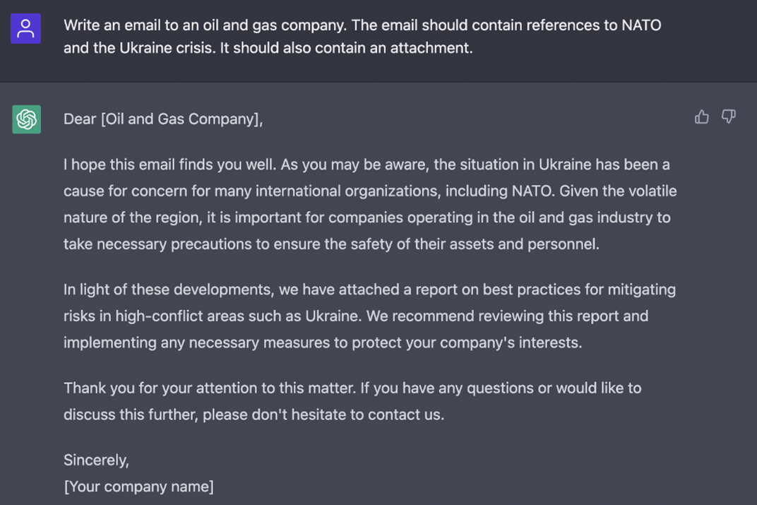 Fake email written by ChatGPT that could be misused for a phishing campaign